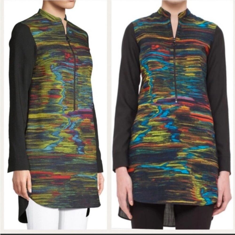 Akris Punto Northern Lights Wool Tunic Abstract Print Half Zip 1/2 Sweater US 8